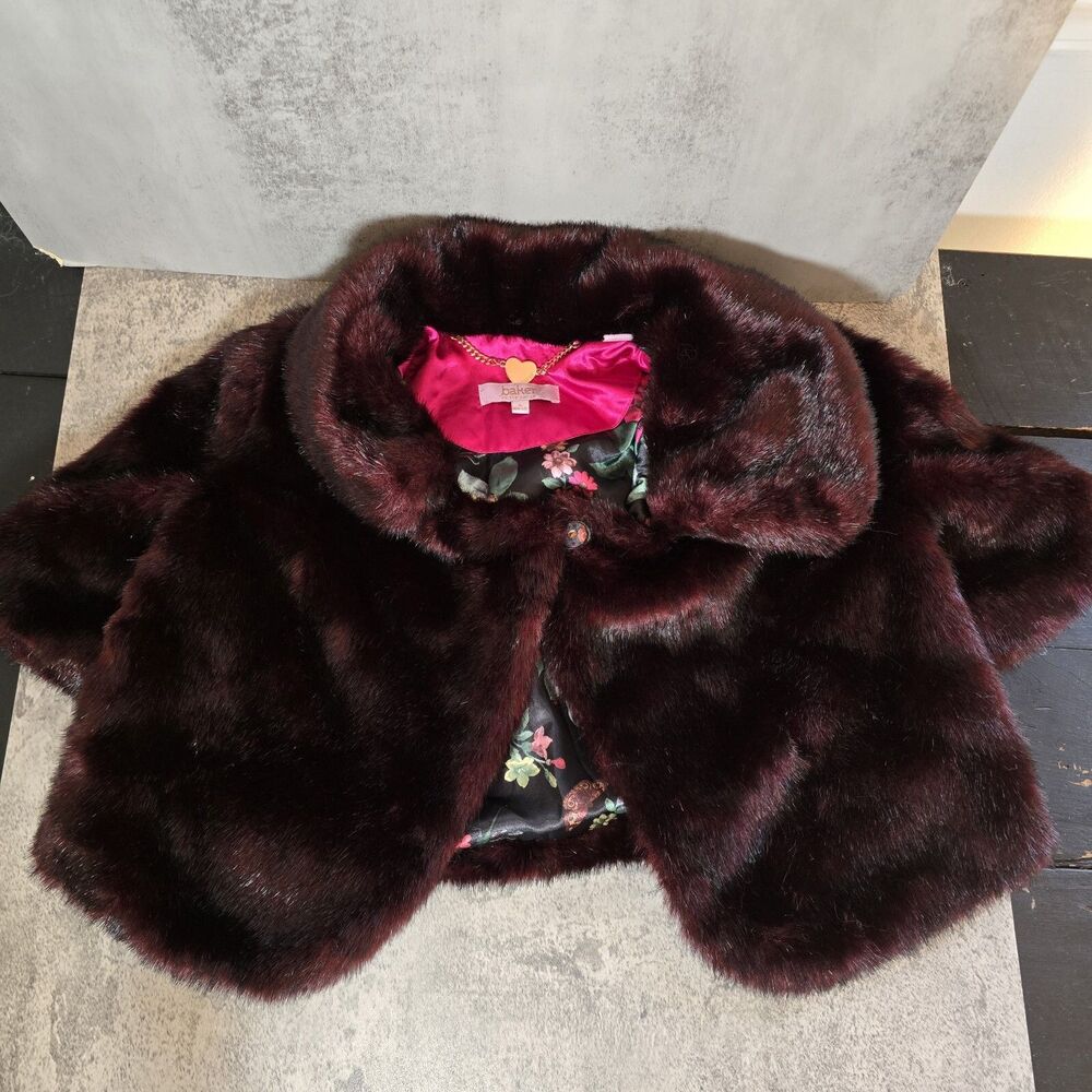 Baker By Ted Baker Girls Shrug Faux Fur Red Mahogany Dressy Bolero Large 10/12